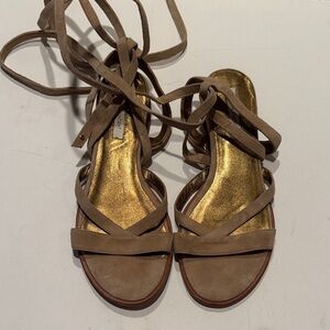 Cynthia Vincent Ankle Wrap Sandals - Brown with Gold Footbed